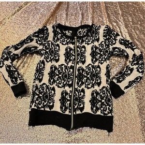 Vintage Knit  Floral Zip Up Sweater Black White Gothic Xs-small Women’s C1